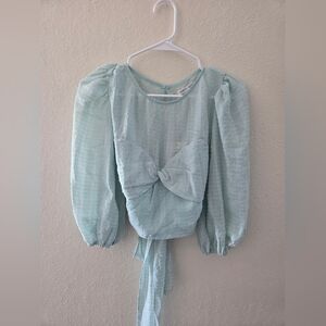 NEW Saints + Secrets Womens Puff Sleeve Tie Back Mint Cropped Blouse Sz Small